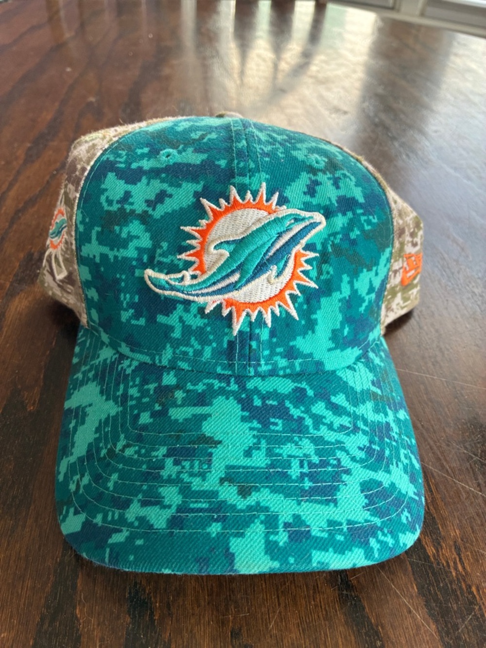 New Era Miami Dolphins Teal Camo Baseball Cap with Orange Logo